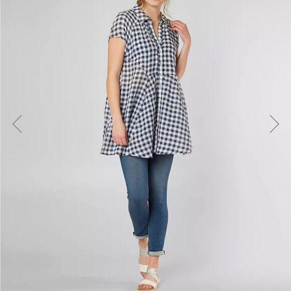 Free People New Spring Love Gingham Blue Plaid Tunic Top - Picture 10 of 11